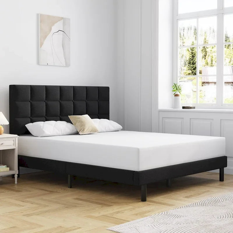 Bed Frame with Upholstered Headboard, Gray Metal Frame Wooden Slats Support.