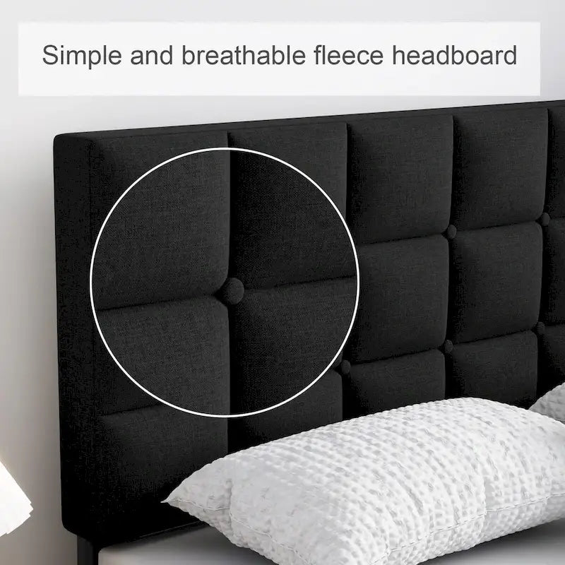 Bed Frame with Upholstered Headboard, Gray Metal Frame Wooden Slats Support.