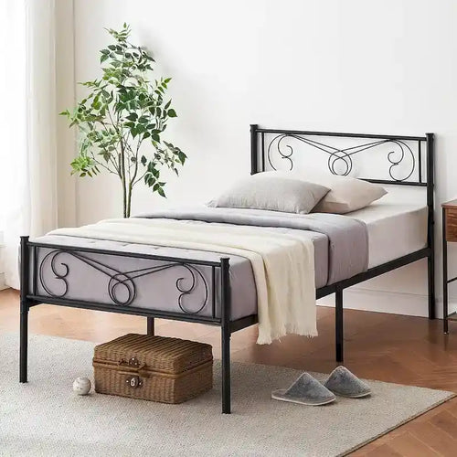 Bed Frame with Storage, with Vintage Pattern Headboard and Footboard, Load Up to 800Lbs