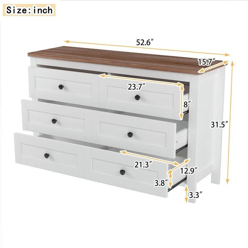 Farmhouse Wooden Dresser with 6 Drawer, Storage Cabinet