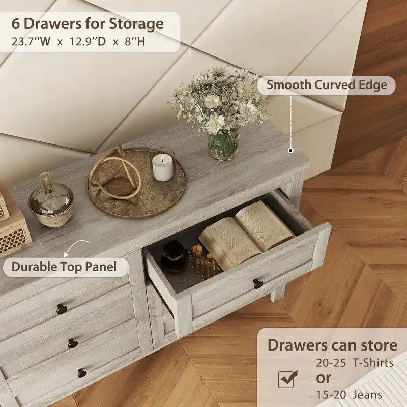 Farmhouse Wooden Dresser with 6 Drawer, Storage Cabinet