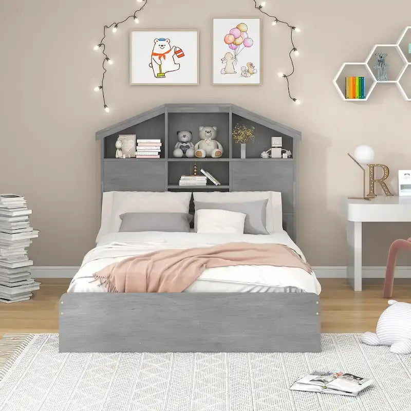 Wood Platform Bed with House-shaped Storage Headboard and 2 Drawer