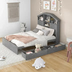 Wood Platform Bed with House-shaped Storage Headboard and 2 Drawer