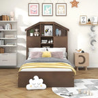 Wood Platform Bed with House-shaped Storage Headboard and 2 Drawer