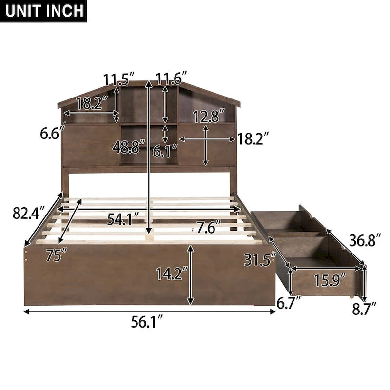 Wood Platform Bed with House-shaped Storage Headboard and 2 Drawer