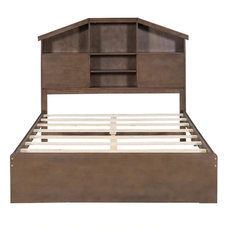 Wood Platform Bed with House-shaped Storage Headboard and 2 Drawer