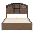 Wood Platform Bed with House-shaped Storage Headboard and 2 Drawer