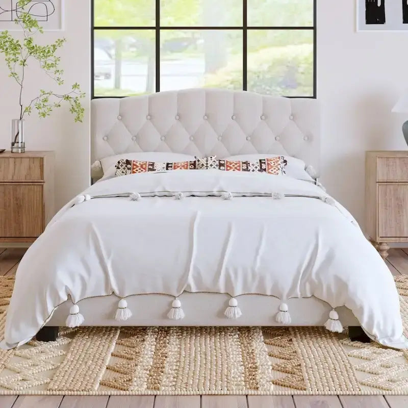 Upholstered Platform Bed with Saddle Curved Headboard and Diamond Tufted Details, Beige