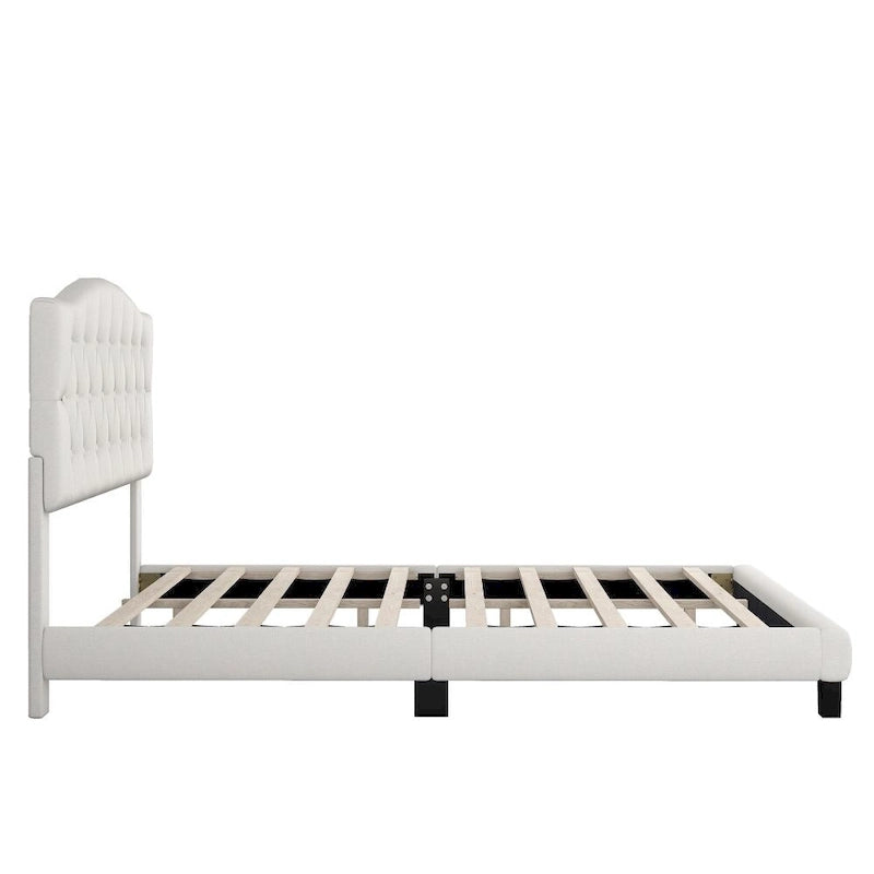 Upholstered Platform Bed with Saddle Curved Headboard and Diamond Tufted Details, Beige