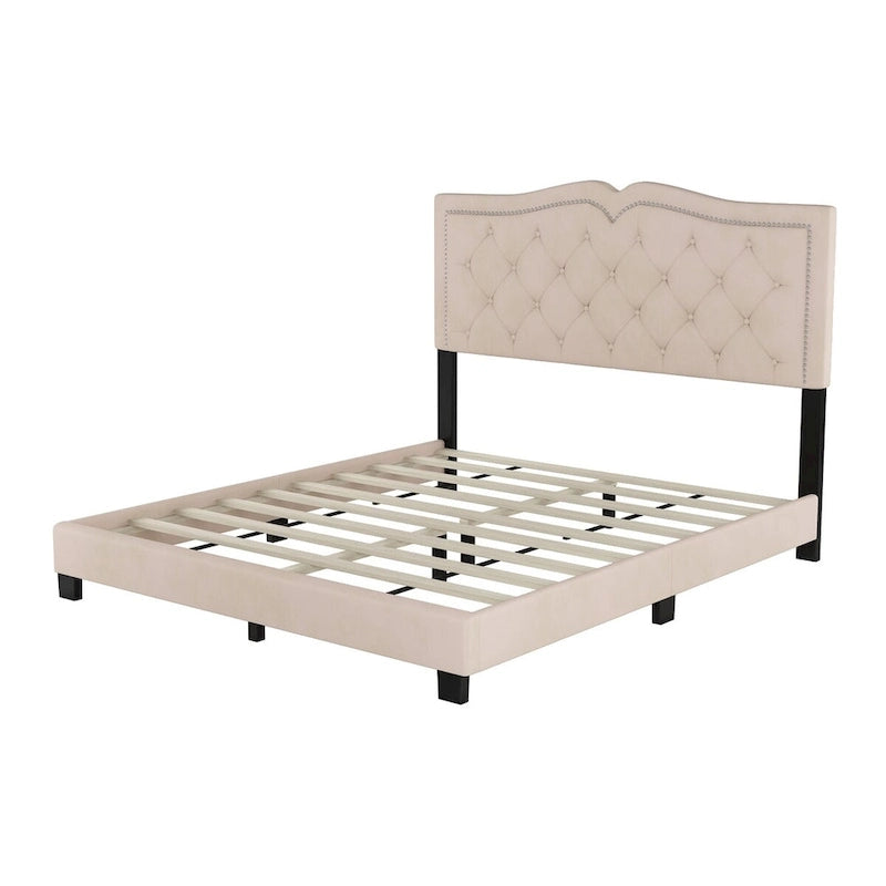 Queen Size Velvet Upholstered Platform Bed with Tufted Headboard