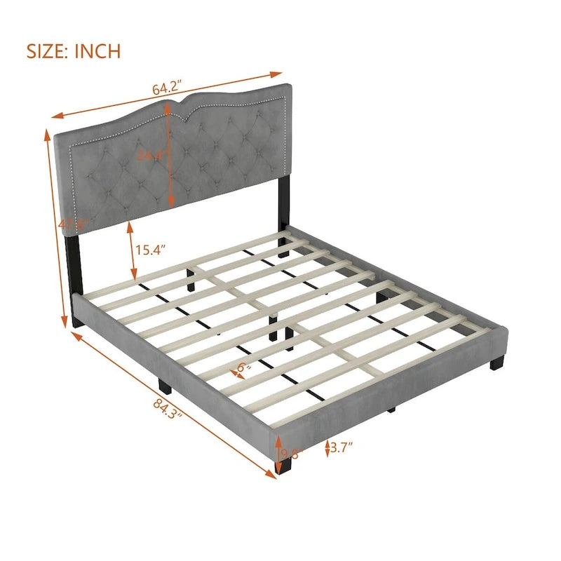 Queen Size Velvet Upholstered Platform Bed with Tufted Headboard