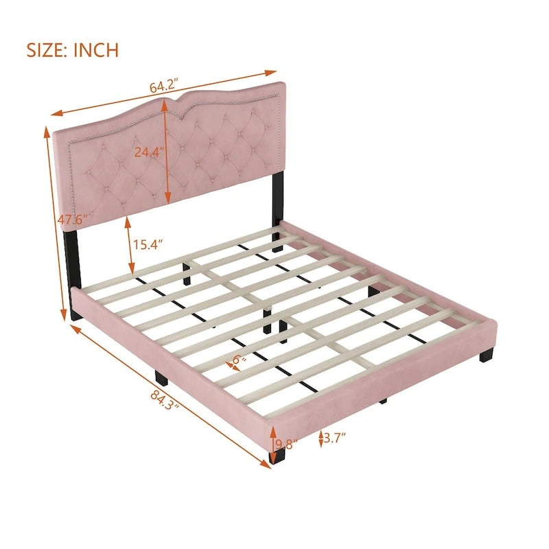 Queen Size Velvet Upholstered Platform Bed with Tufted Headboard