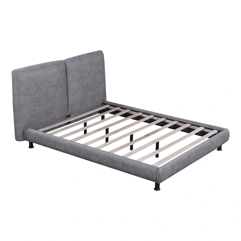 Upholstered Platform Bed w/Two Large Headrests& Thick Fabric,Polyester