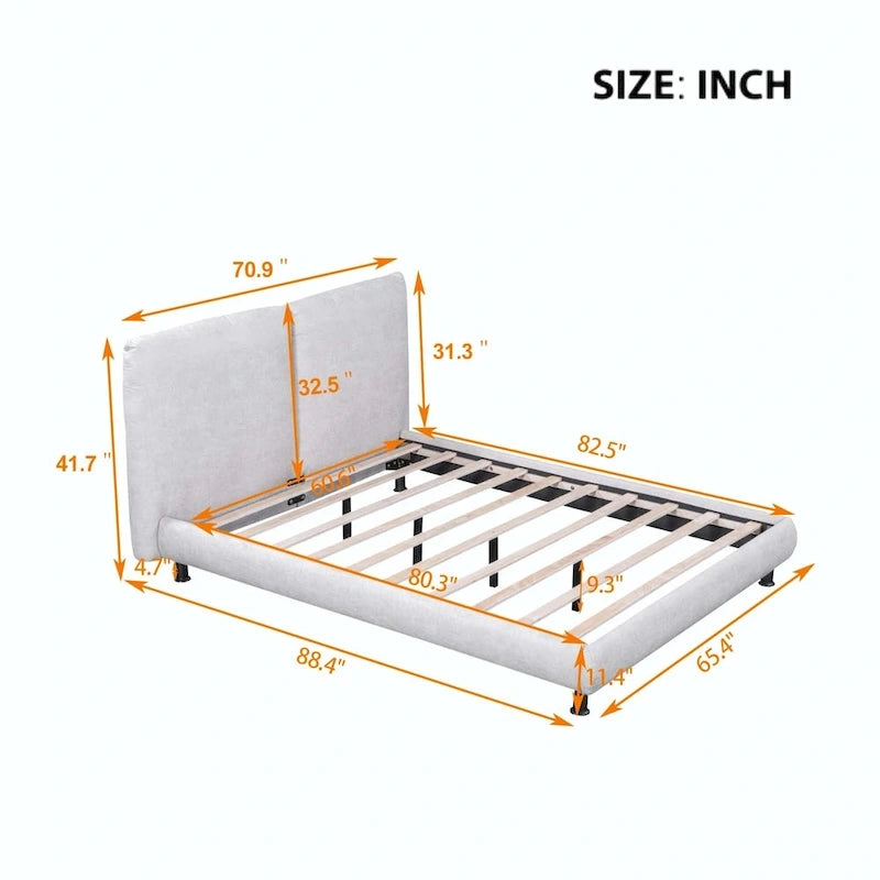 Upholstered Platform Bed with Two Large Headrests and Thick Fabric
