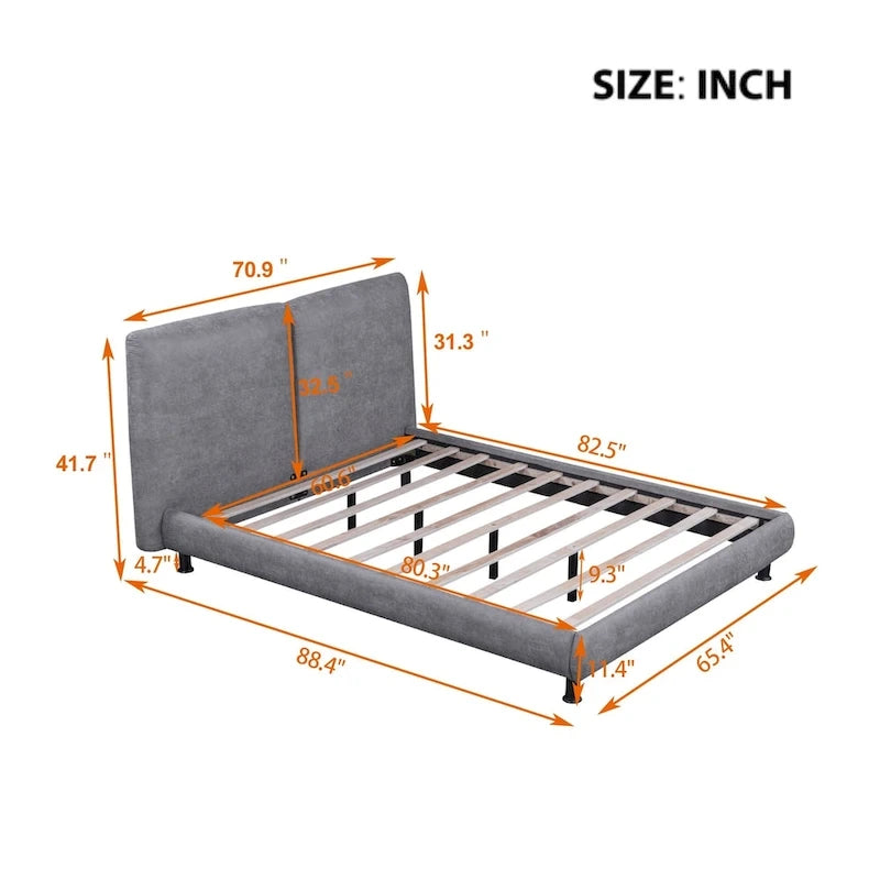 Upholstered Platform Bed with Two Large Headrests and Thick Fabric