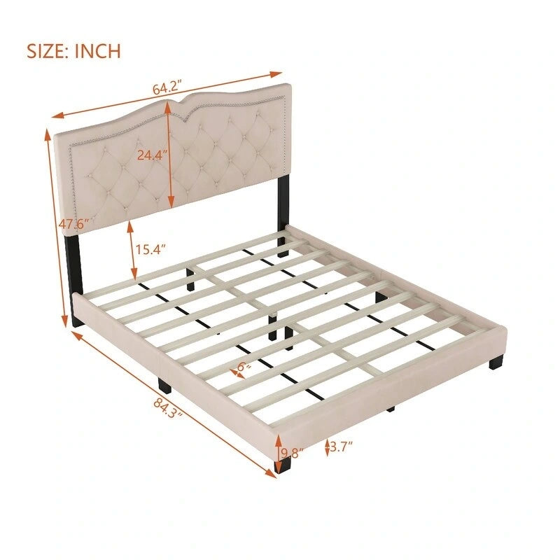 Queen Size Tufted Velvet Upholstered Bed with Rivet Design