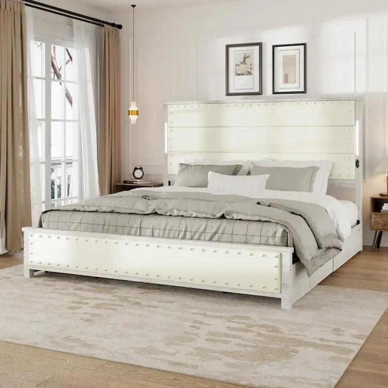 King Size Bed Frame with Upholstered Headboard and 4 Storage Drawers , King Bed Frame with Charging Station and LED Lights
