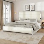 King Size Bed Frame with Upholstered Headboard and 4 Storage Drawers , King Bed Frame with Charging Station and LED Lights