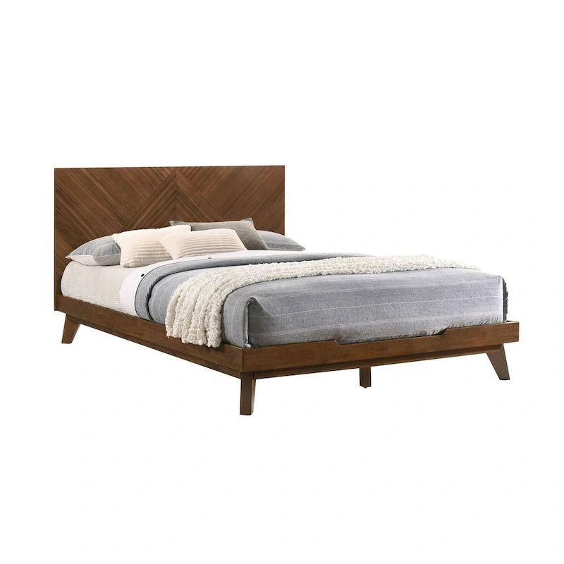 Soer Queen Bed, Chevron Pattern Tall Headboard, Walnut Brown Solid Wood