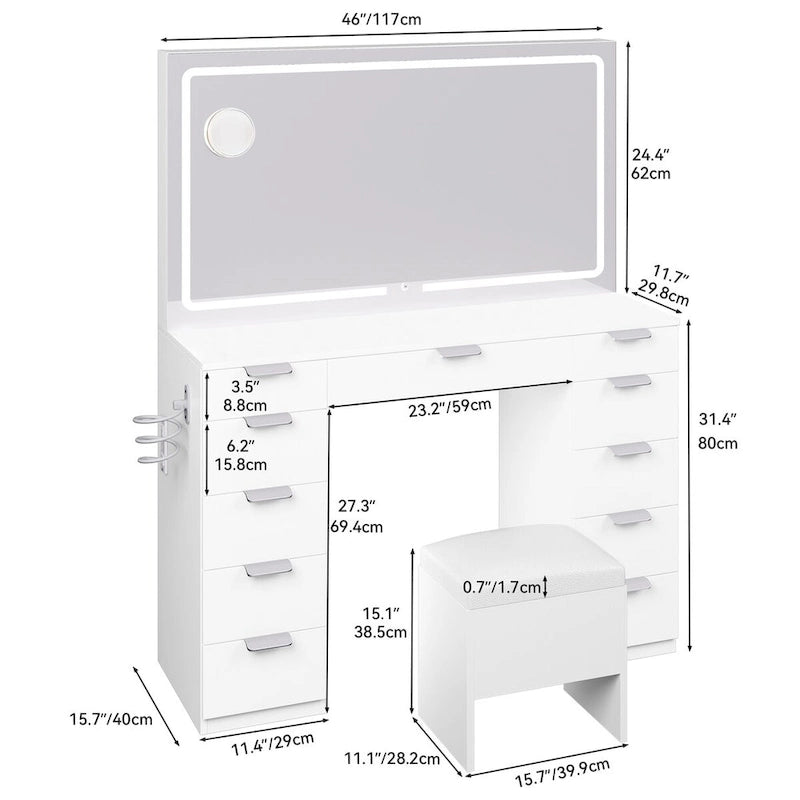 Moasis Makeup Vanity Table Set with Large LED Lighted Mirror and 11 Drawers - 46L*11.7W*55.9H