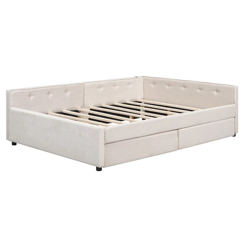 Full Size Upholstered Platform Bed with USB and 2 Drawers
