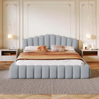 Velvet Upholstered Queen Bed Frame Shell-Shaped Headboard for Bedroom
