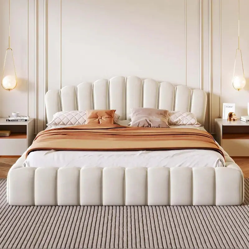 Velvet Upholstered Queen Bed Frame Shell-Shaped Headboard for Bedroom