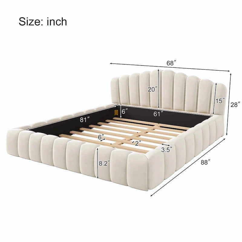 Velvet Upholstered Queen Bed Frame Shell-Shaped Headboard for Bedroom