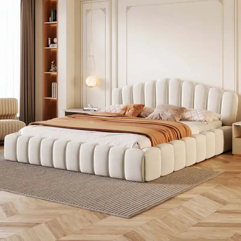 Velvet Upholstered Queen Bed Frame Shell-Shaped Headboard for Bedroom