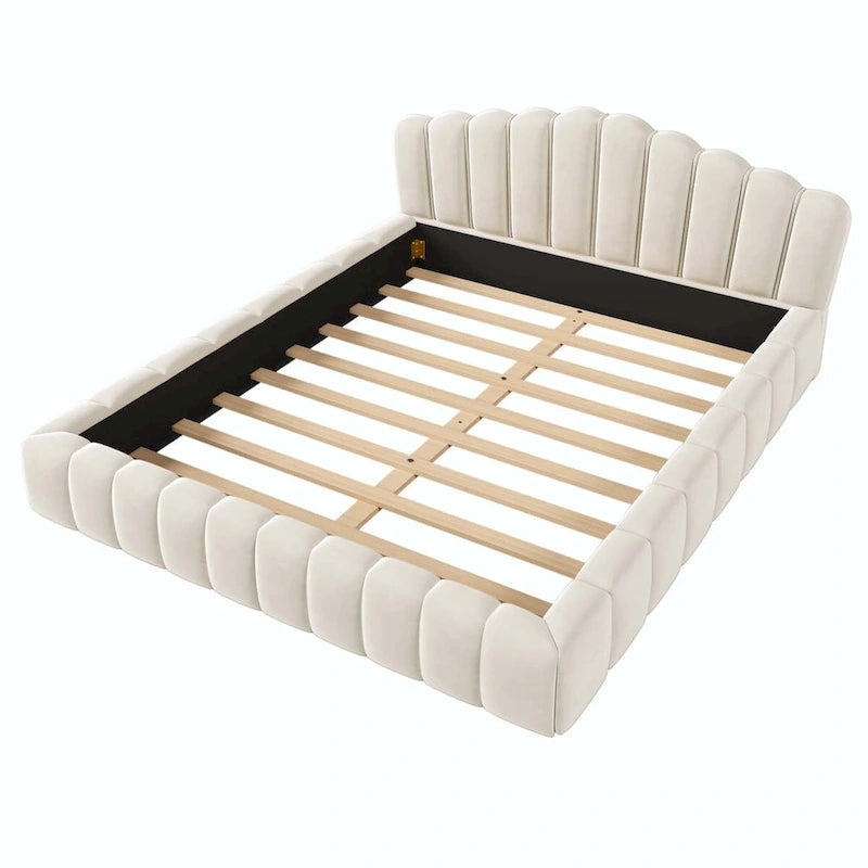 Velvet Upholstered Queen Bed Frame Shell-Shaped Headboard for Bedroom