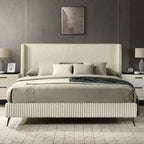 Roundhill Furniture Mavela Wide Wale Corduroy Upholstery Panel Bed with 2 Nightstands, Cream