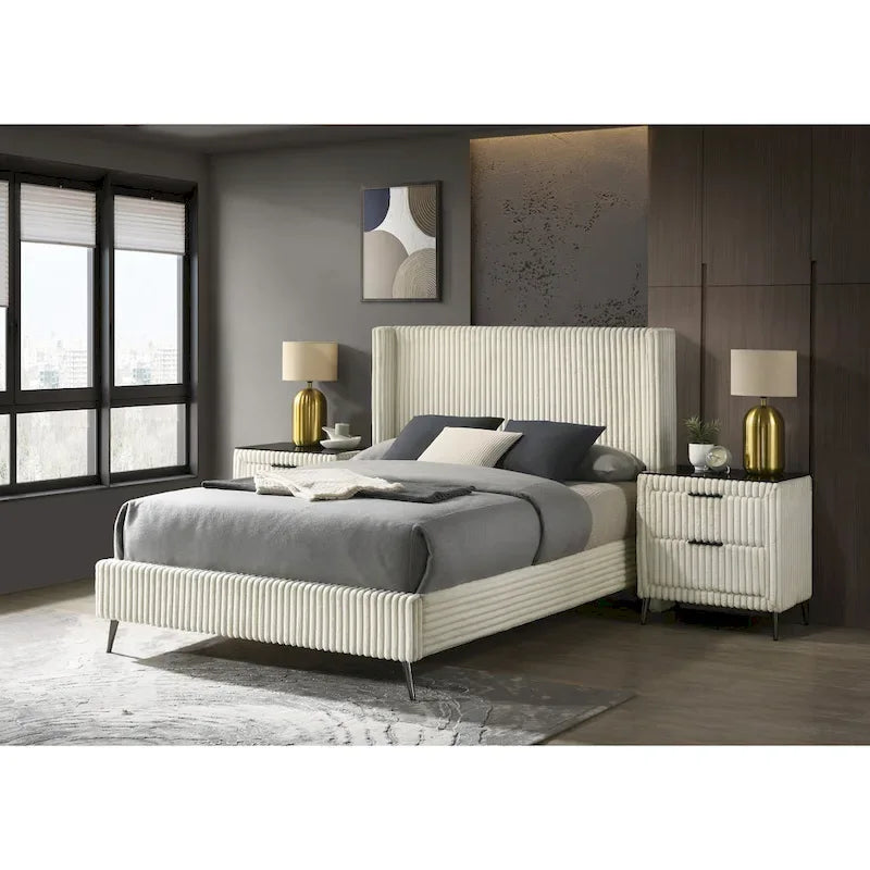 Roundhill Furniture Mavela Wide Wale Corduroy Upholstery Panel Bed with 2 Nightstands, Cream