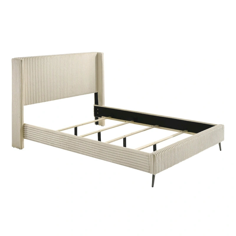 Roundhill Furniture Mavela Wide Wale Corduroy Upholstery Panel Bed with 2 Nightstands, Cream