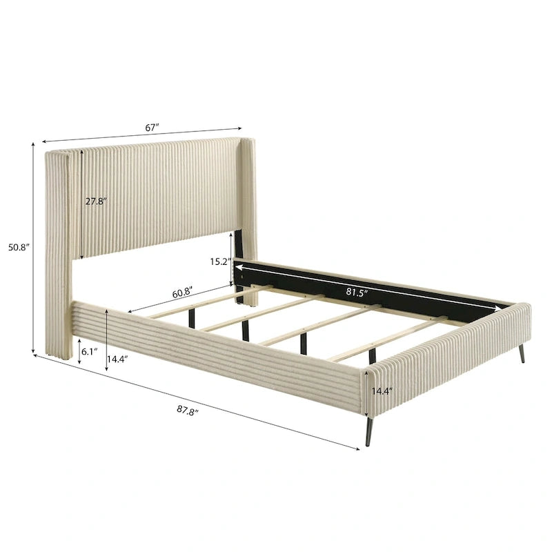 Roundhill Furniture Mavela Wide Wale Corduroy Upholstery Panel Bed with 2 Nightstands, Cream