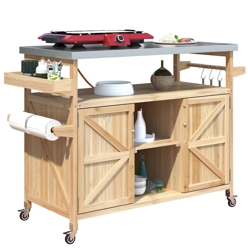 Outdoor kitchen island with rolling cart and stainless steel top