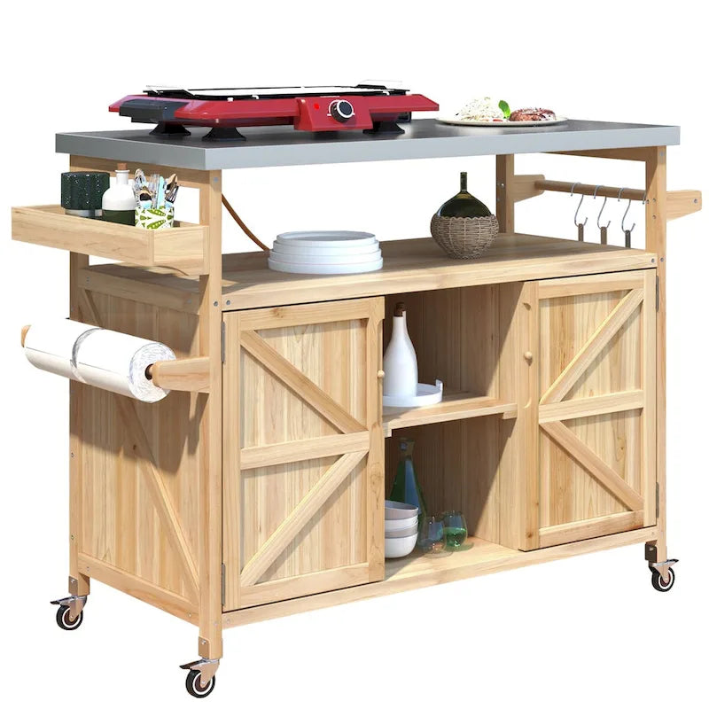 Outdoor kitchen island with rolling cart and stainless steel top