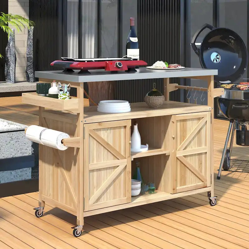 Outdoor kitchen island with rolling cart and stainless steel top
