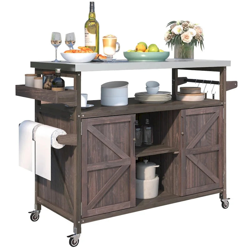 Outdoor kitchen island with rolling cart and stainless steel top