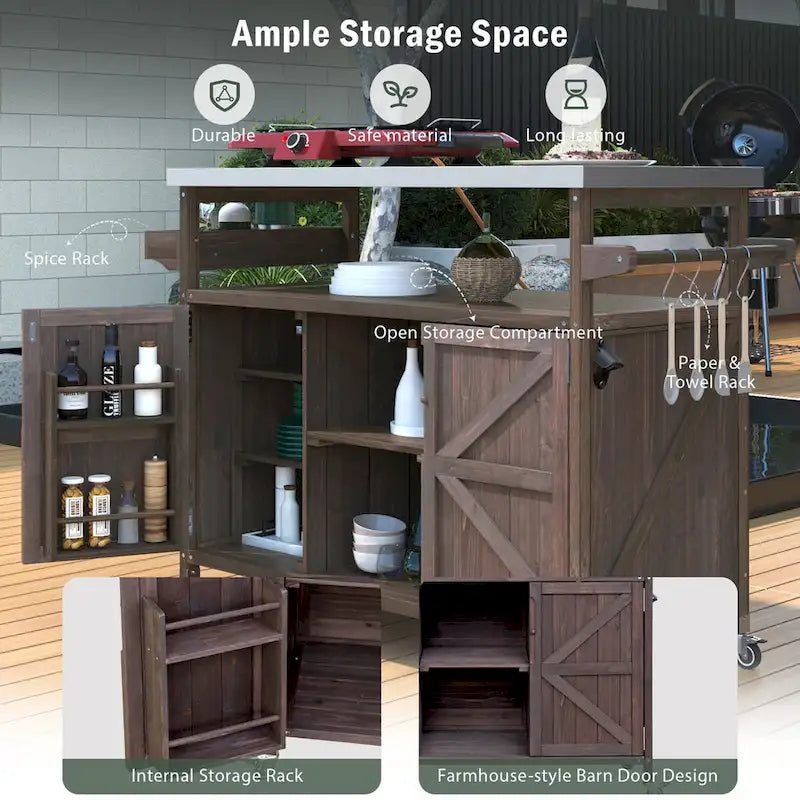 Outdoor kitchen island with rolling cart and stainless steel top