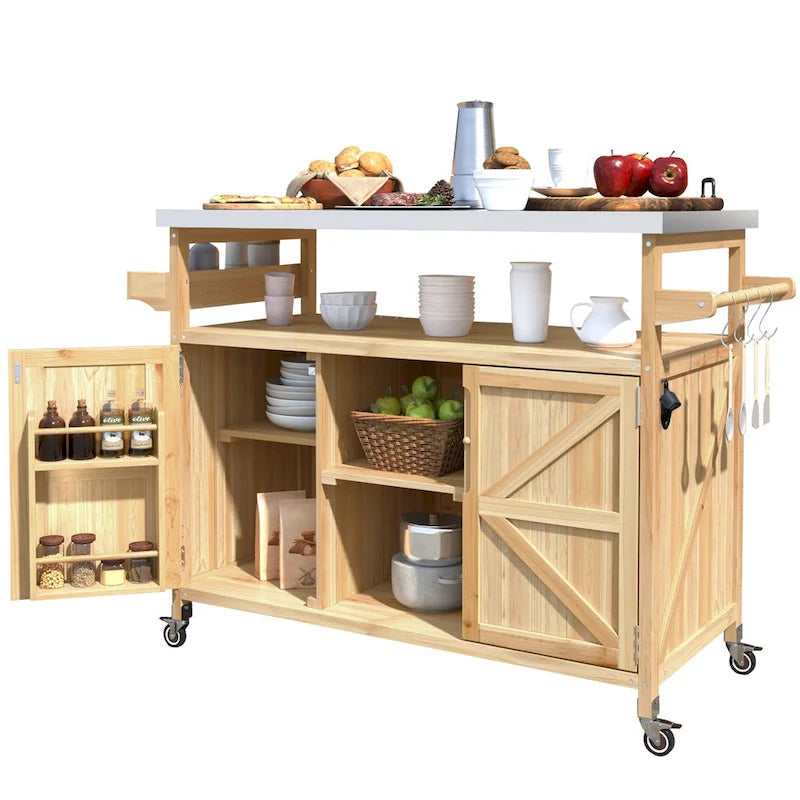 Outdoor kitchen island with rolling cart and stainless steel top