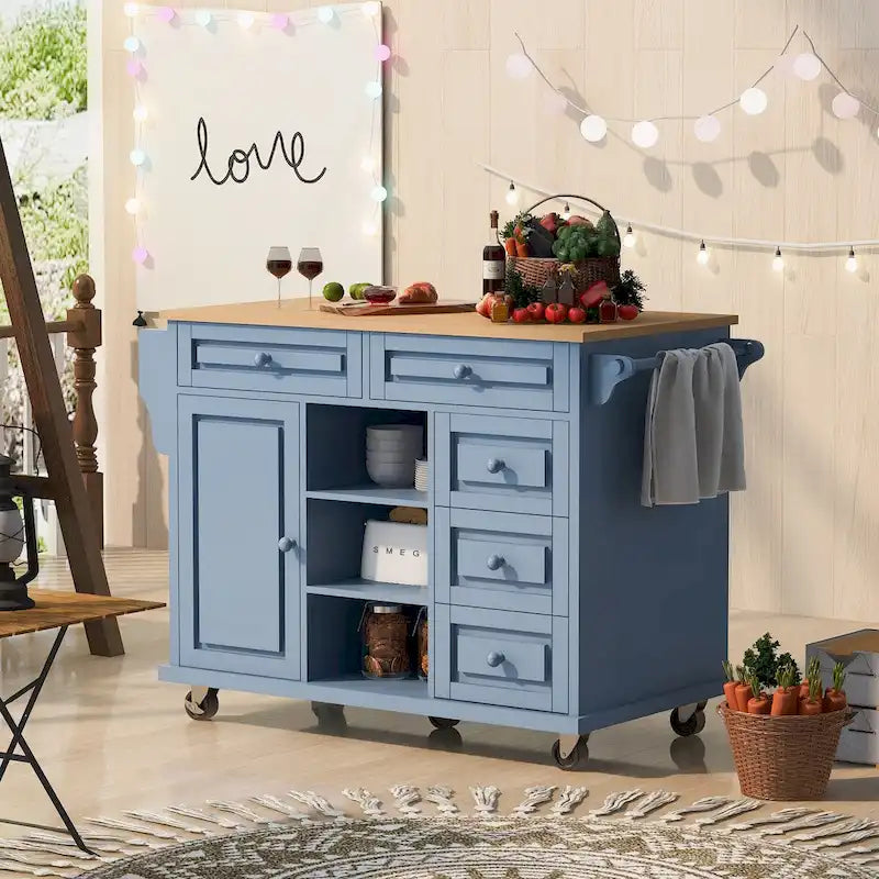 Kitchen Cart with Storage and 5 Drawers,Spice Rack,Towel Holder ,Rubber Wood Desktop Rolling Mobile Kitchen Island