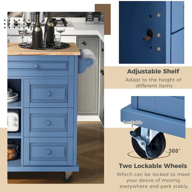 Kitchen Cart with Storage and 5 Drawers,Spice Rack,Towel Holder ,Rubber Wood Desktop Rolling Mobile Kitchen Island