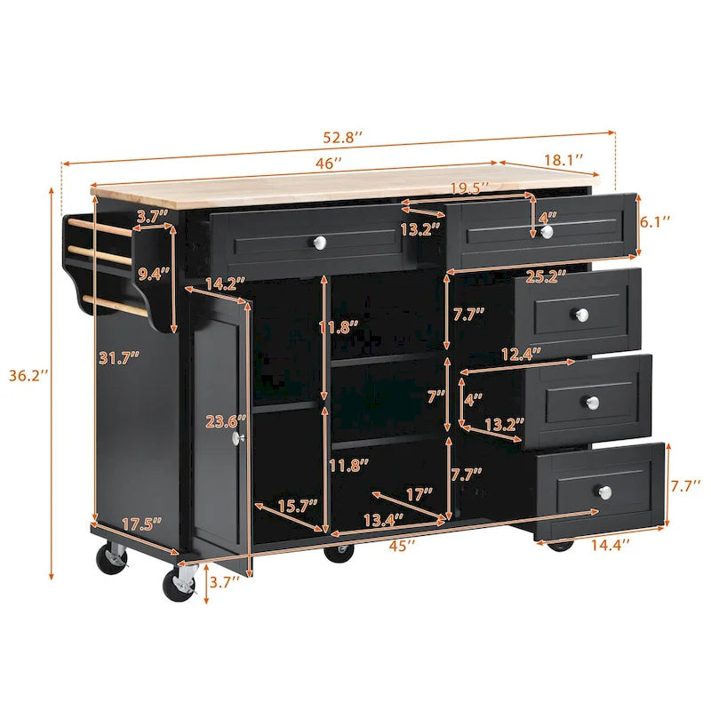 Kitchen Cart with Storage and 5 Drawers,Spice Rack,Towel Holder ,Rubber Wood Desktop Rolling Mobile Kitchen Island