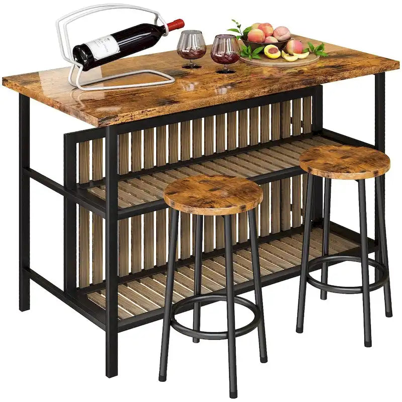 Mieres Kitchen Island with 2 Stools and Open Shelves