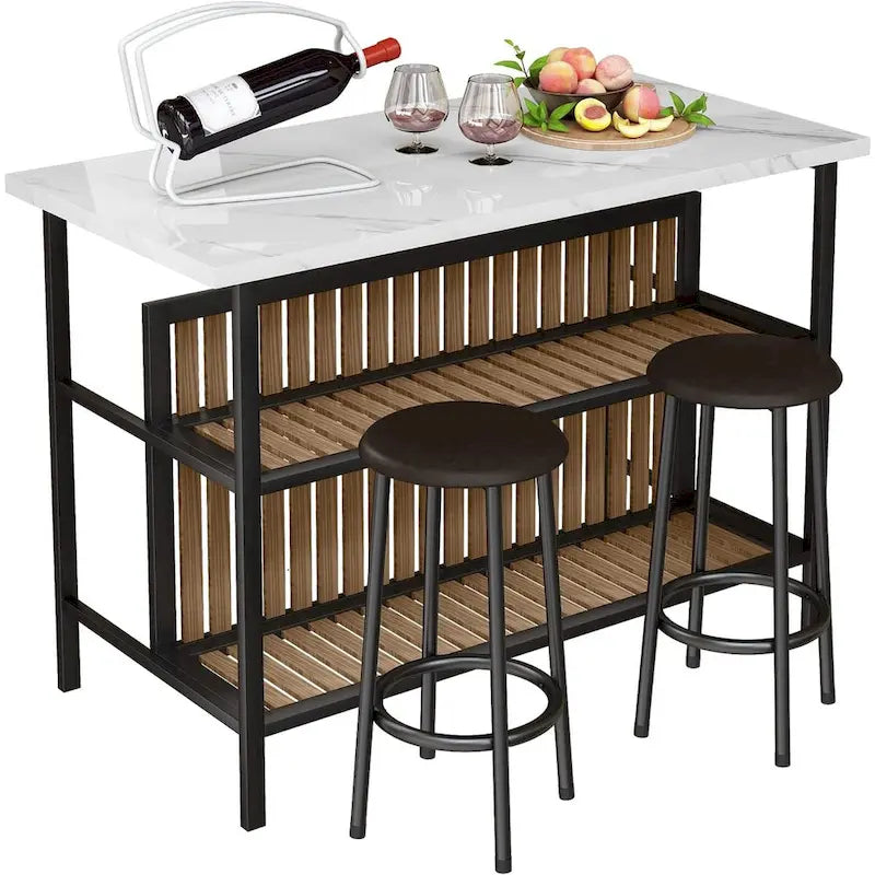Mieres Kitchen Island with 2 Stools and Open Shelves
