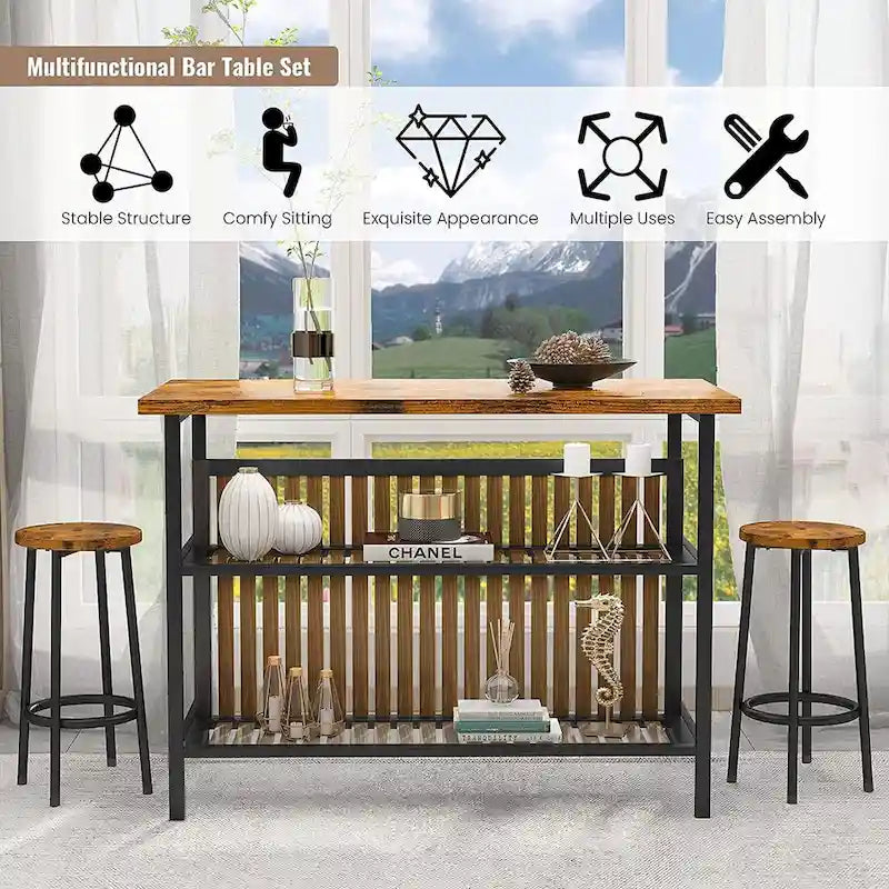 Mieres Kitchen Island with 2 Stools and Open Shelves
