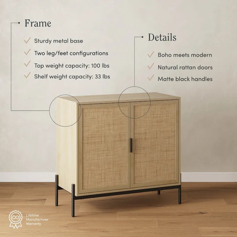 Andrew Bohemian Entryway Storage Cabinet or Kitchen Sideboard Credenza, TV Stand or Rattan Accent Cabinet with Metal Legs