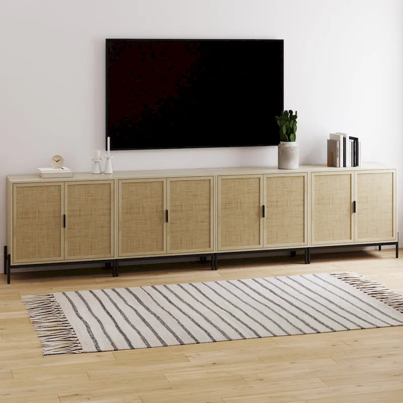 Andrew Bohemian Entryway Storage Cabinet or Kitchen Sideboard Credenza, TV Stand or Rattan Accent Cabinet with Metal Legs