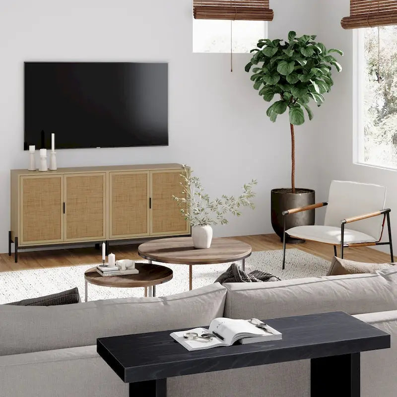 Andrew Bohemian Entryway Storage Cabinet or Kitchen Sideboard Credenza, TV Stand or Rattan Accent Cabinet with Metal Legs