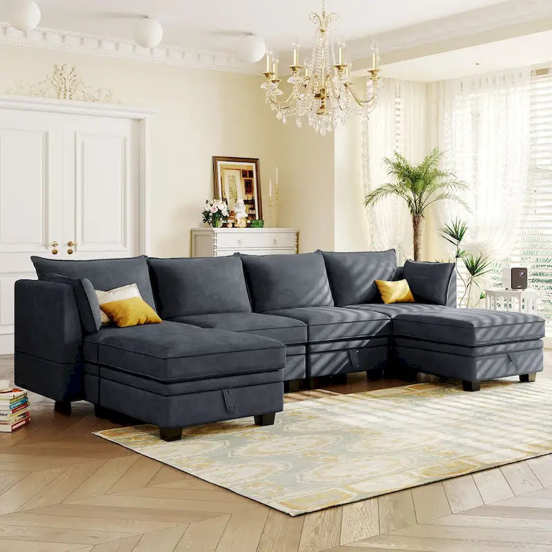 ModernU-Shape Modular Sectional Sofa, Convertible Sofa Bed with Reversible Chaise for Living Room, Storage Seat,6-piece